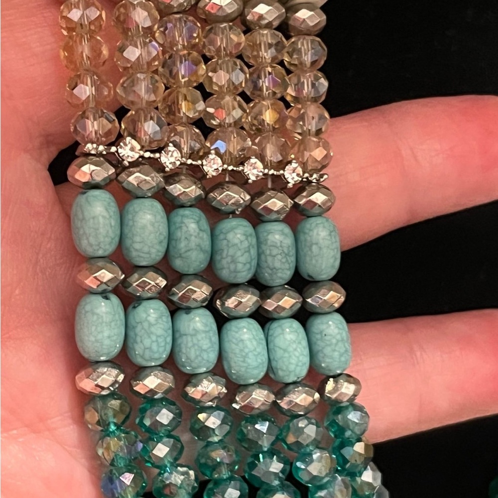 N128 Vintage Egyptian Revival Turquoise and Silver Beaded Bib Necklace - Picture 4 of 10